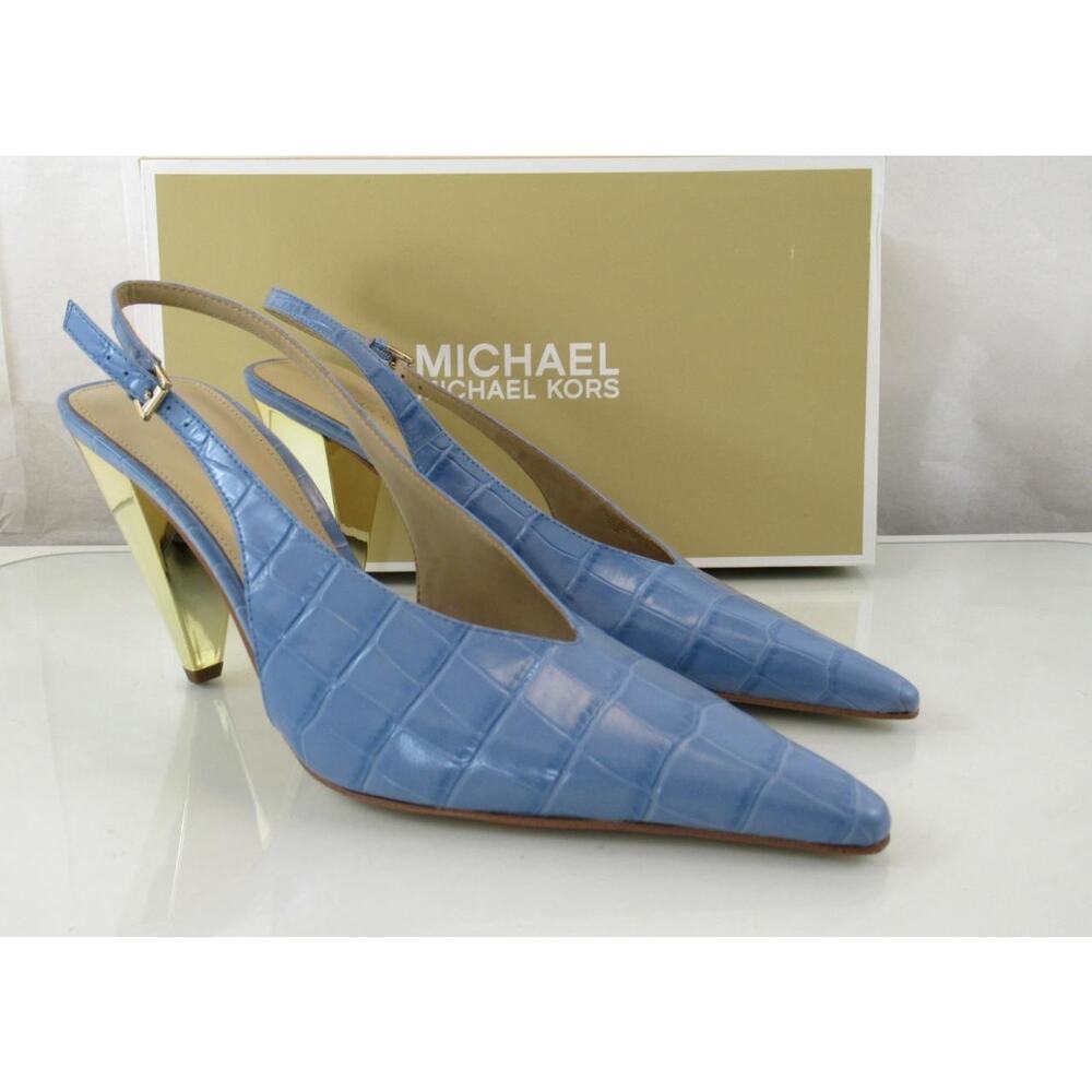 Michael Kors Electra Size 7.5 Sling Back Pump Pointed Toe Leather French Blue - Picture 5 of 8